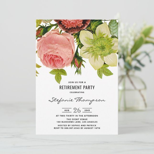 Vintage Flowers Botanical Retirement Party Invitation (Standing Front)