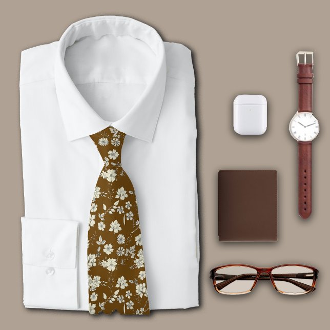 Vintage Flowers Brown Personalise Initial Tie (Creator Uploaded)