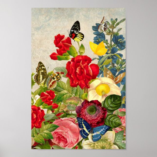 Vintage Flowers/Butterflies Illustration Poster (Front)