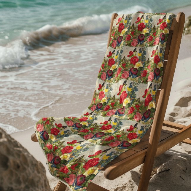 Vintage Flowers & Butterflies Pattern Beach Towel (Vintage Flowers & Butterflies Pattern Beach Towel)