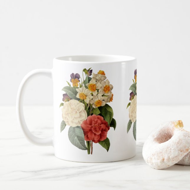 Vintage Flowers, Camellias and Narcissus, Redoute Coffee Mug (With Donut)