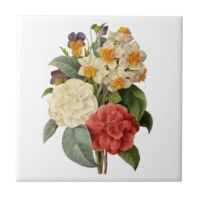 Vintage Flowers, Camellias and Narcissus, Redoute Tile (Front)