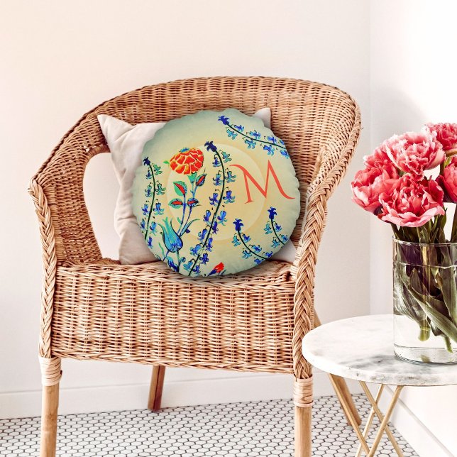 Vintage Flowers Carnation Tulips Monogrammed   Round Cushion (Creator Uploaded)