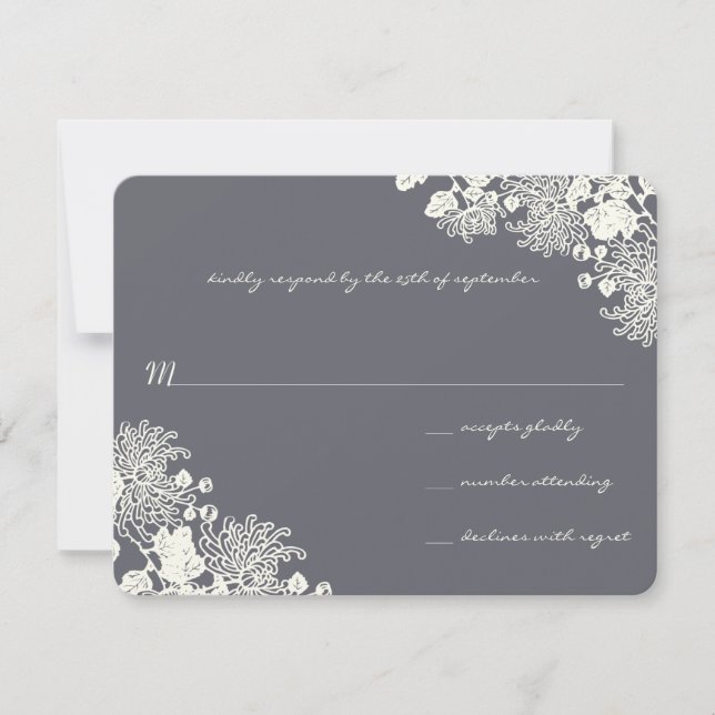 Vintage Flowers Charcoal Grey Wedding RSVP Card (Front)