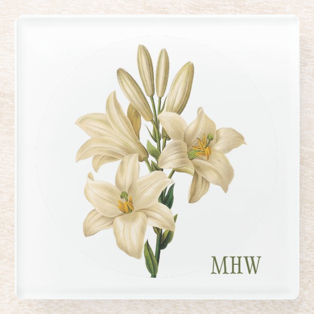 Vintage Flowers custom monogram glass coaster 1 (Front)