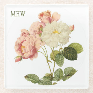 Vintage Flowers custom monogram glass coaster 2