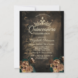 Vintage Flowers Damask Dark Gothic Quinceañera  Invitation