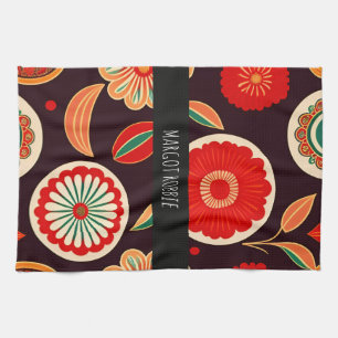 Vintage Flowers Dark red Floral Pattern Tea Towel