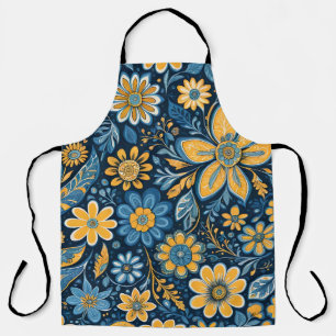 Vintage Flowers Design Hippie Retro Yellow Blue Apron