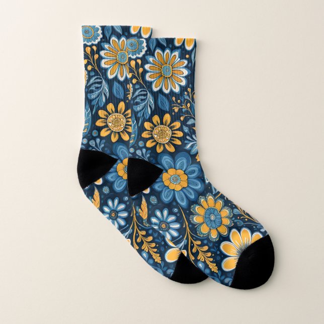 Vintage Flowers Design Hippie Retro Yellow Blue  Socks (Pair)