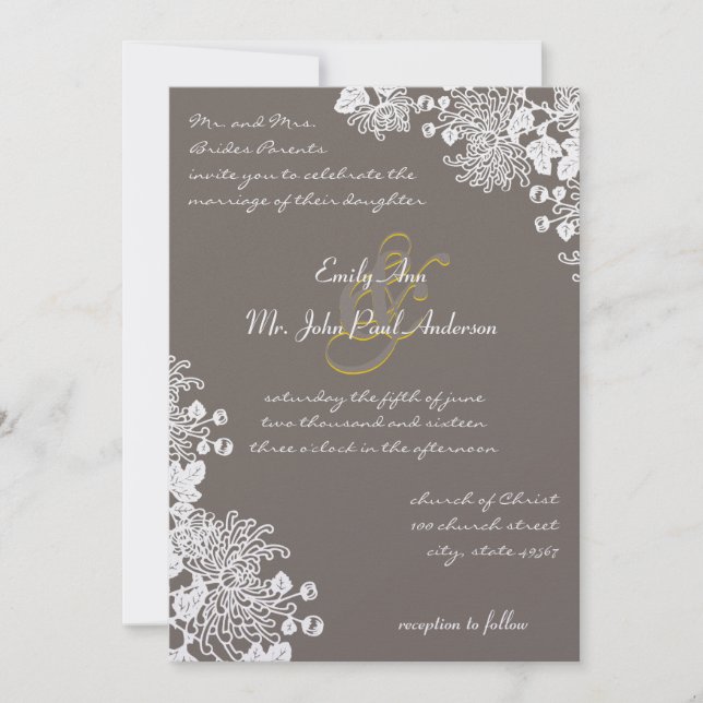 Vintage Flowers Driftwood & Yellow Wedding Invites (Front)