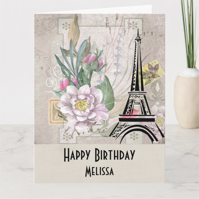 Vintage Flowers, Eiffel Tower and Burlap Birthday Card (Front)