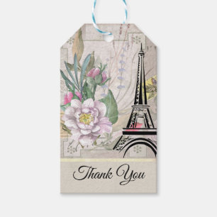 Vintage Flowers, Eiffel Tower and Burlap Thank You Gift Tags