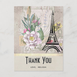 Vintage Flowers, Eiffel Tower and Burlap Thank You Postcard