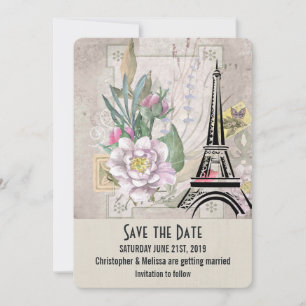 Vintage Flowers, Eiffel Tower and Burlap Wedding Save The Date