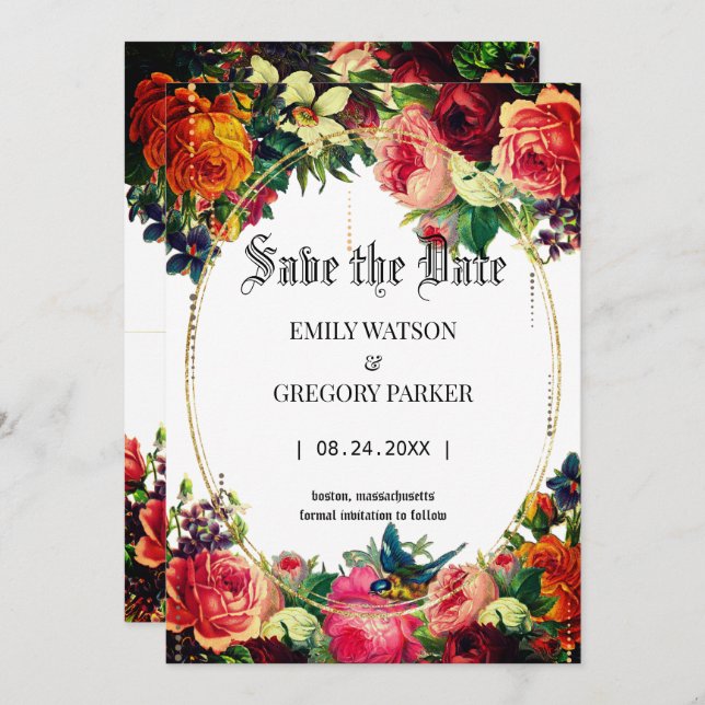 Vintage flowers,gold frame save the date (Front/Back)