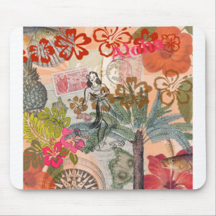 Vintage Flowers Hula Colorful Hawaiian Tropical Mouse Mat