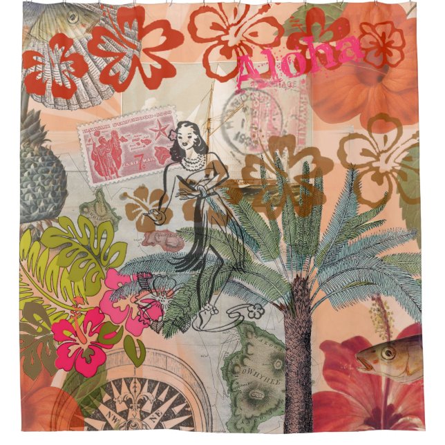 Vintage Flowers Hula Colorful Hawaiian Tropical  Shower Curtain (Front)