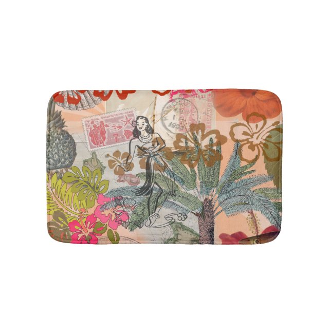 Vintage Flowers Hula Colourful Hawaiian Tropical  Bath Mat (Front)