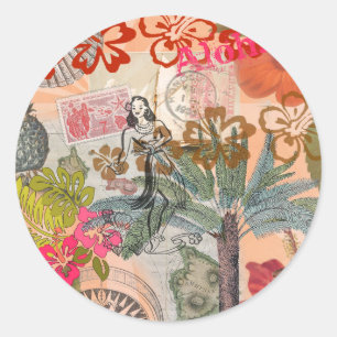 Vintage Flowers Hula Colourful Hawaiian Tropical Classic Round Sticker