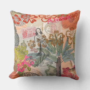 Vintage Flowers Hula Colourful Hawaiian Tropical Cushion