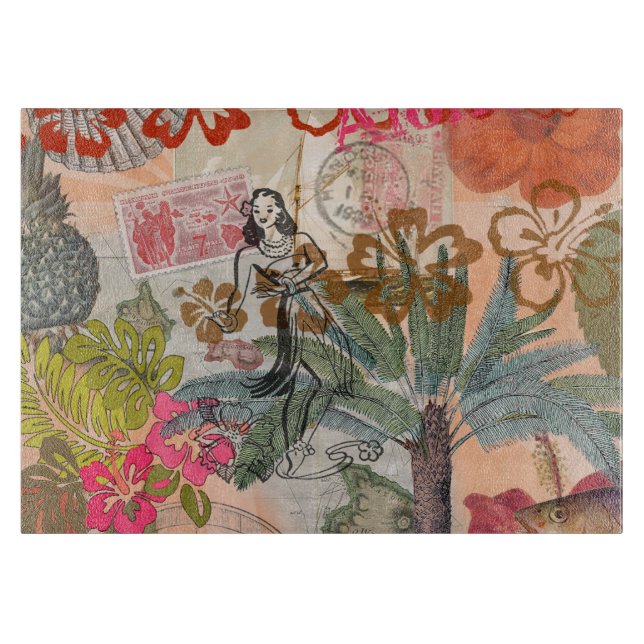 Vintage Flowers Hula Colourful Hawaiian Tropical  Cutting Board (Front)