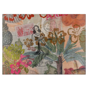 Vintage Flowers Hula Colourful Hawaiian Tropical Cutting Board