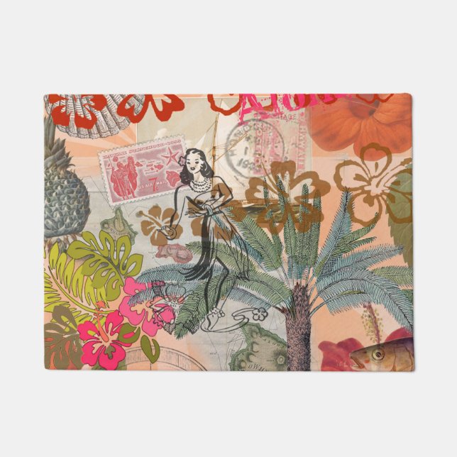 Vintage Flowers Hula Colourful Hawaiian Tropical  Doormat (Front)