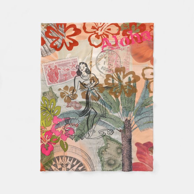Vintage Flowers Hula Colourful Hawaiian Tropical  Fleece Blanket (Front)