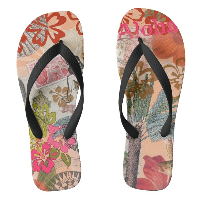 Vintage Flowers Hula Colourful Hawaiian Tropical  Flip Flops (Footbed)