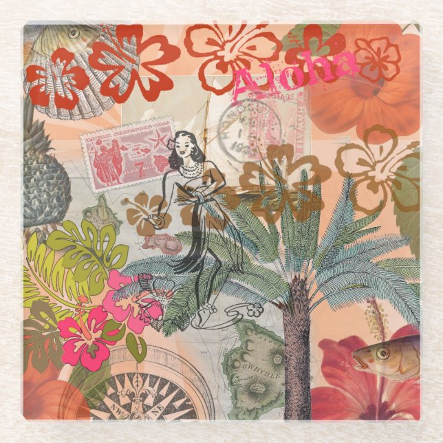 Vintage Flowers Hula Colourful Hawaiian Tropical  Glass Coaster (Front)