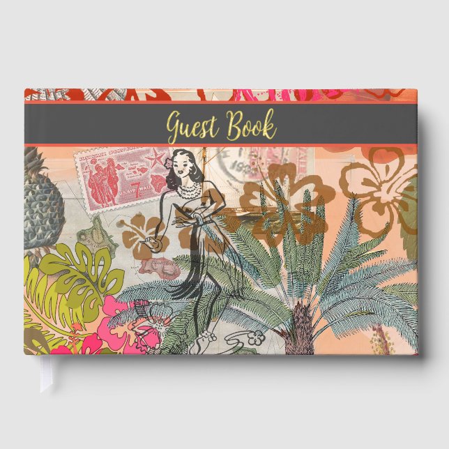Vintage Flowers Hula Colourful Hawaiian Tropical  Guest Book (Front)