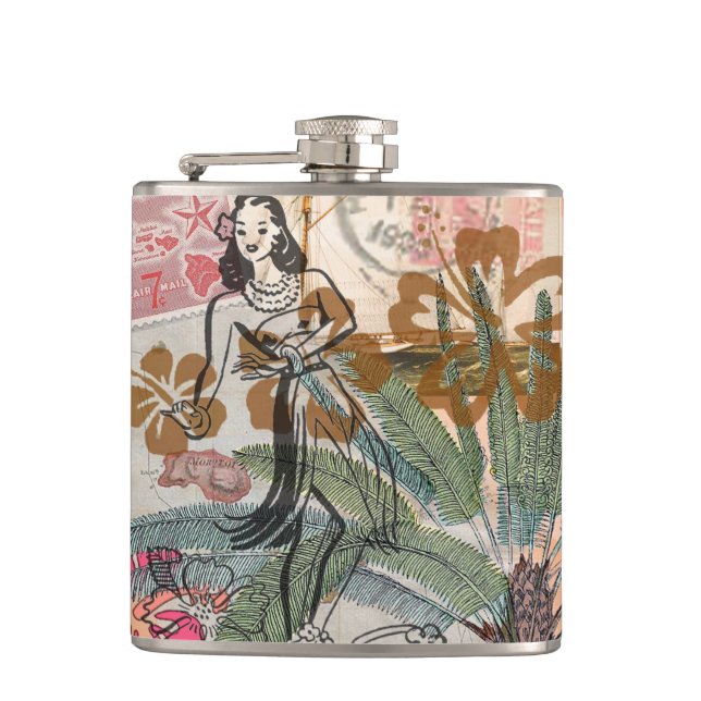 Vintage Flowers Hula Colourful Hawaiian Tropical  Hip Flask (Front)