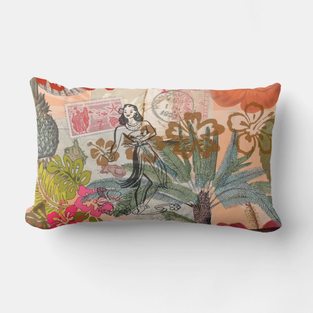 Vintage Flowers Hula Colourful Hawaiian Tropical  Lumbar Cushion (Front)