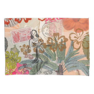 Vintage Flowers Hula Colourful Hawaiian Tropical Pillowcase