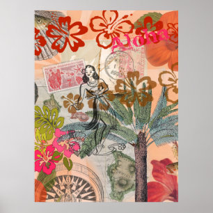 Vintage Flowers Hula Colourful Hawaiian Tropical Poster