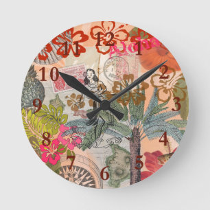 Vintage Flowers Hula Colourful Hawaiian Tropical Round Clock