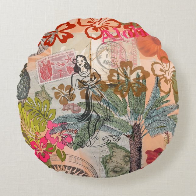Vintage Flowers Hula Colourful Hawaiian Tropical  Round Cushion (Front)
