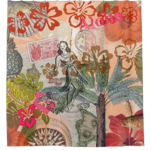 Vintage Flowers Hula Colourful Hawaiian Tropical Shower Curtain