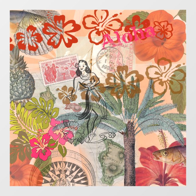 Vintage Flowers Hula Colourful Hawaiian Tropical  Window Cling (Sheet)