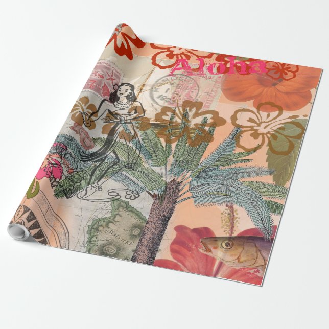 Vintage Flowers Hula Colourful Hawaiian Tropical  Wrapping Paper (Unrolled)