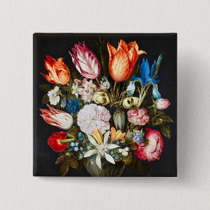 Vintage Flowers in a Glass by Ambrosius Bosschaer 15 Cm Square Badge