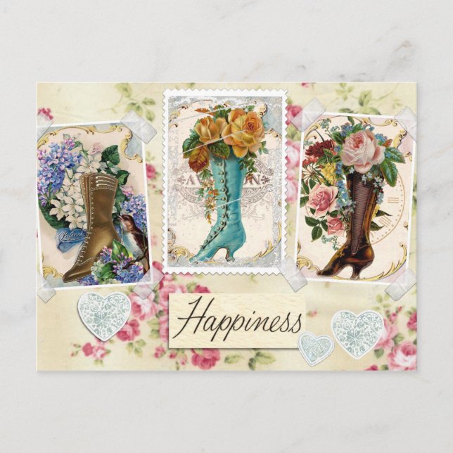 Vintage Flowers in Boots Postcard (Front)