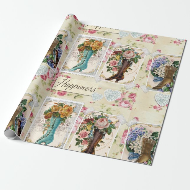 Vintage Flowers in Boots Wrapping Paper (Unrolled)