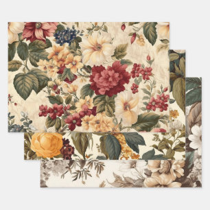 Vintage Flowers Ivory Decoupage Prints Wrapping Paper Sheet