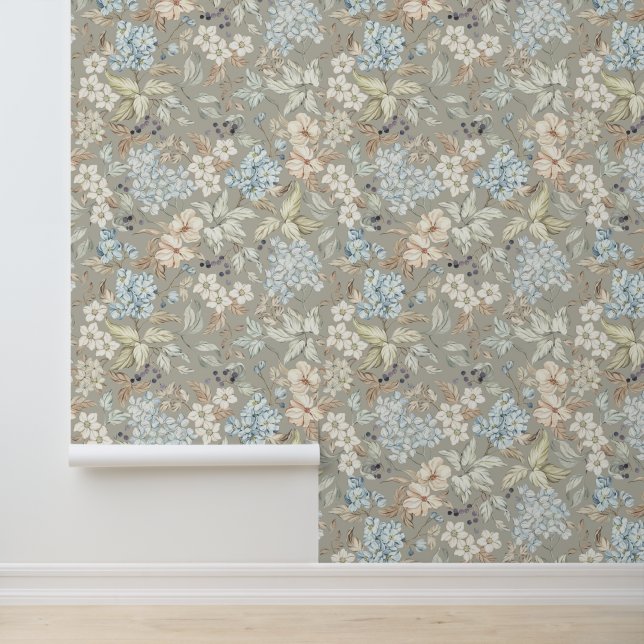 Vintage Flowers Leaves Berries Branches Mist Grey Wallpaper (Application)