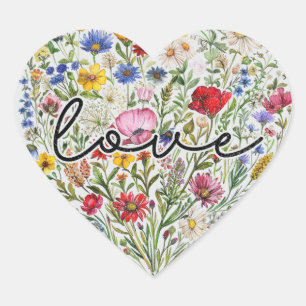 Vintage Flowers Love Heart Floral Wildflowers Heart Sticker