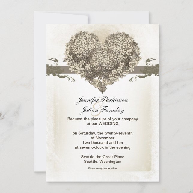 vintage flowers love heart wedding invitation (Front)