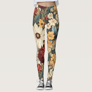 Vintage Flowers of Rose, Tulip, Lilies and Daisies Leggings
