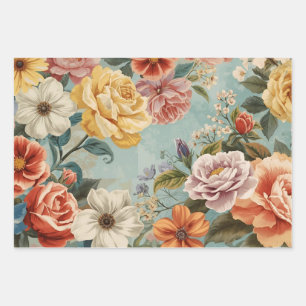 Vintage Flowers on Blue  Wrapping Paper Sheet